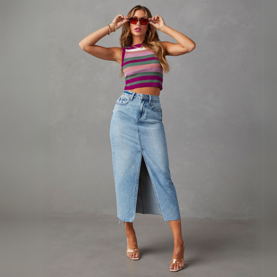 Vivienne Lane High Slit Denim Skirt