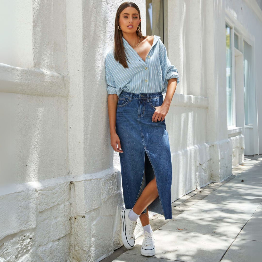 Vivienne Lane High Slit Denim Skirt