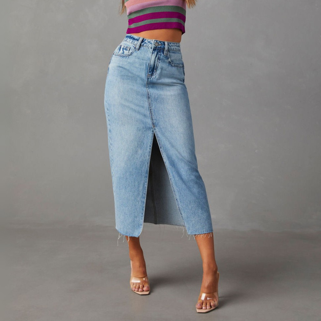 Vivienne Lane High Slit Denim Skirt