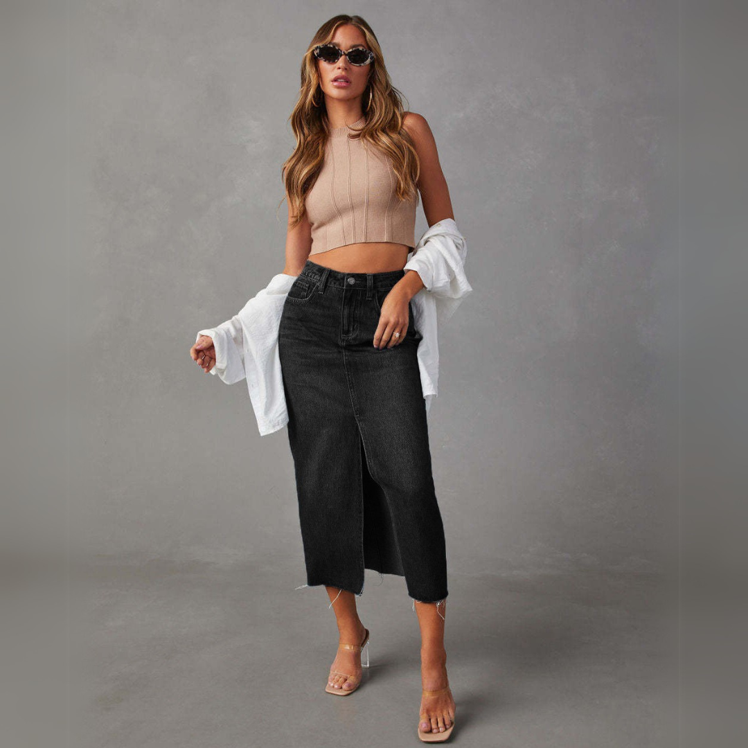 Vivienne Lane High Slit Denim Skirt