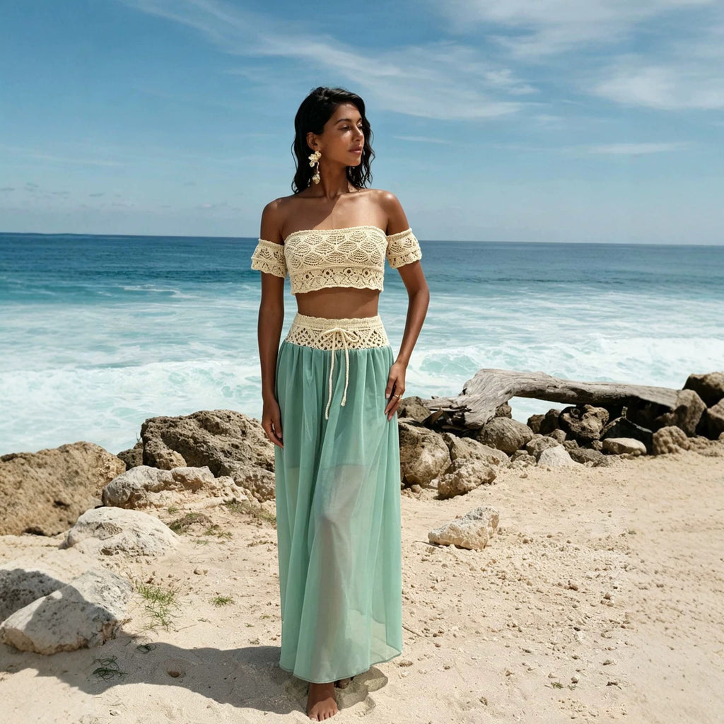 Léa Bohemian Crochet & Chiffon Beach Cover-Up Set