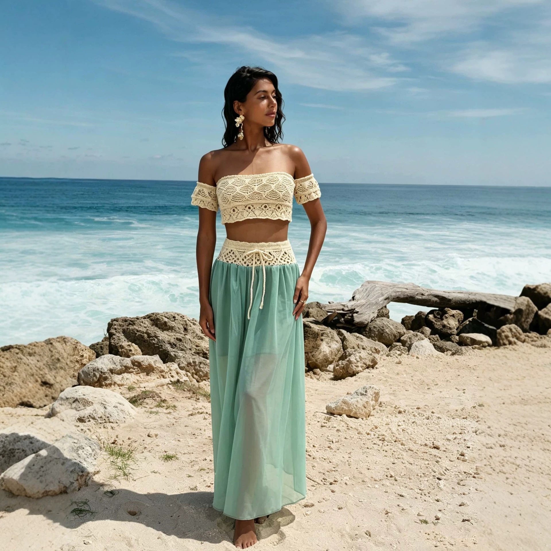 Léa Bohemian Crochet & Chiffon Beach Cover-Up Set
