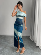 Léa Elegant Blue Silky Slit Party Dress