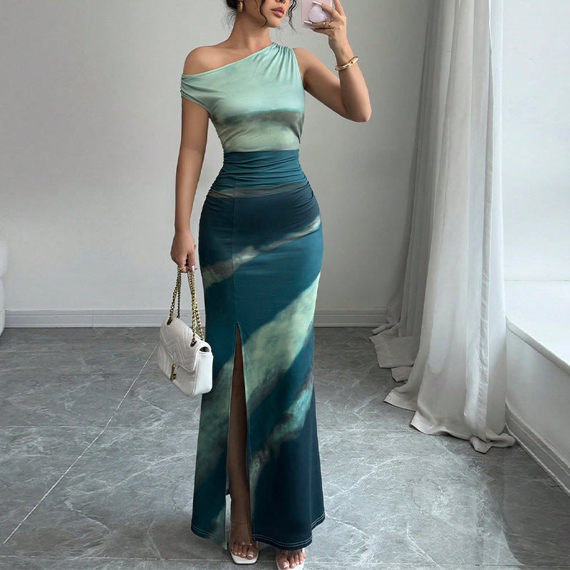 Léa Elegant Blue Silky Slit Party Dress