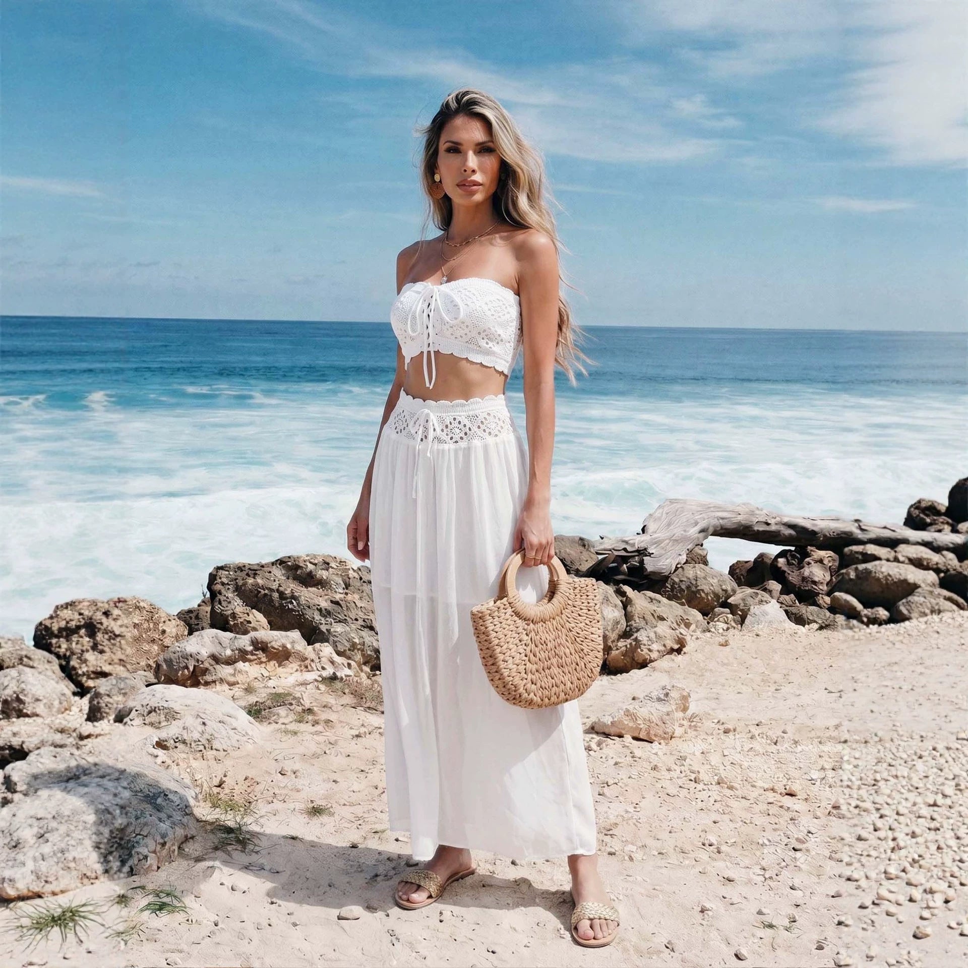 Léa Bohemian Crochet & Chiffon Beach Cover-Up Set