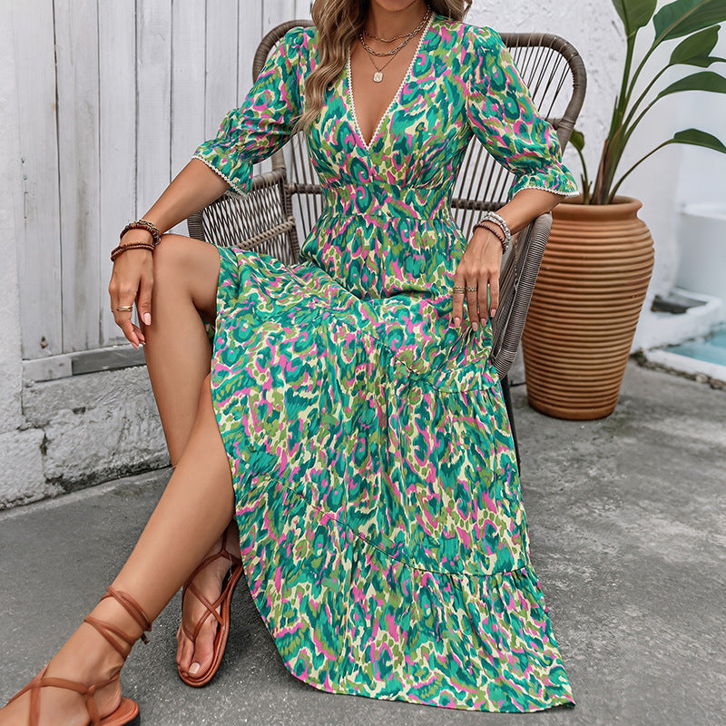 Léa Boho Green Layered Midi Dress