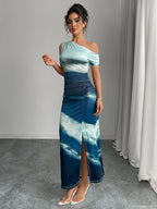 Léa Elegant Blue Silky Slit Party Dress