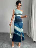 Léa Elegant Blue Silky Slit Party Dress