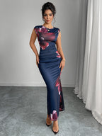 Léa Japanese Navy Floral Slim Long Dress